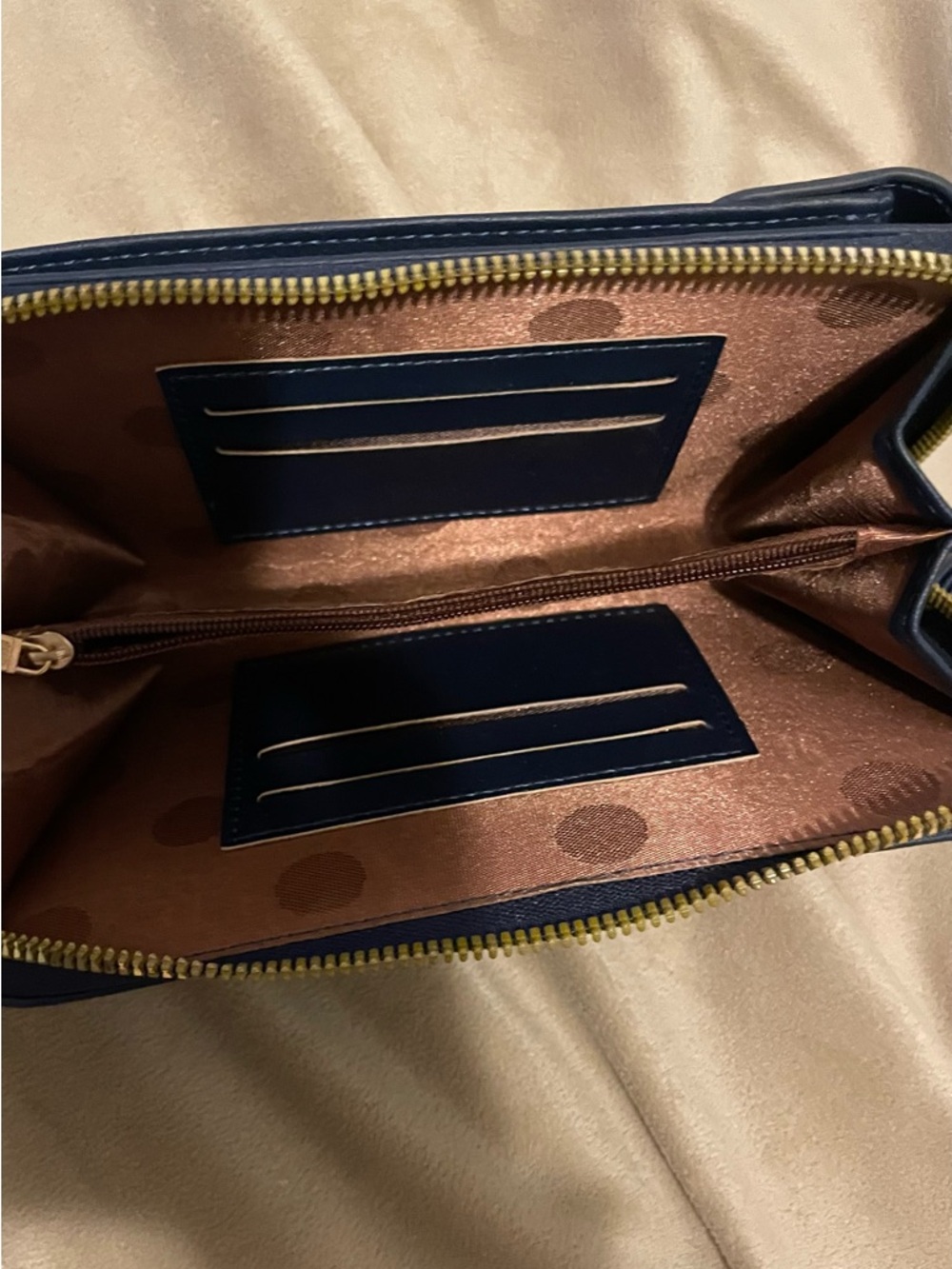 Navy Zip-Around Wallet with Brown Interior